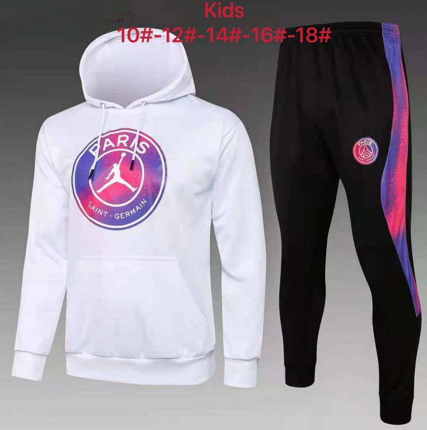 Kids 2021/22 PSG x Jordan White Hoodie Sweatshirt and Pants Youth Training Suits